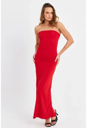 Kadın Kırmızı Straplez Yırtmaçlı Midi Elbise XC005