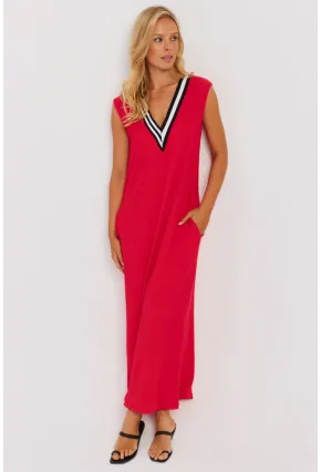 Kadın Kırmızı V Yaka Bloklu Maxi Elbise EY2779
