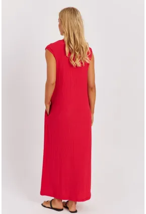 Kadın Kırmızı V Yaka Bloklu Maxi Elbise EY2779