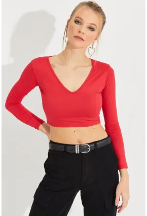 Kadın Kırmızı V Yaka Crop Bluz LPP1241