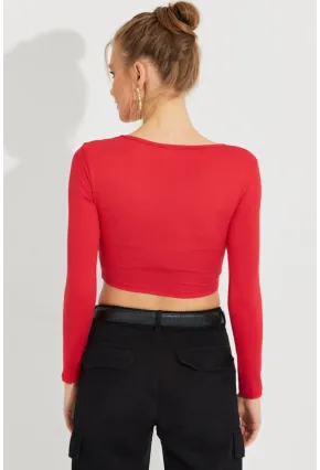 Kadın Kırmızı V Yaka Crop Bluz LPP1241