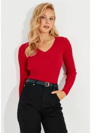Kadın Kırmızı V Yaka Fitilli Triko Bluz SMT216