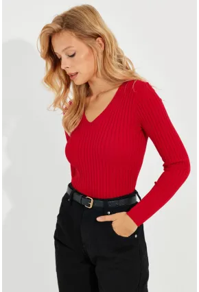 Kadın Kırmızı V Yaka Fitilli Triko Bluz SMT216