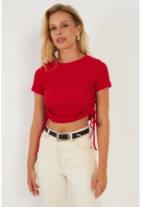 Kadın Kırmızı Yanları Büzgülü Kaşkorse Bluz AYD355
