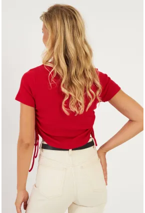 Kadın Kırmızı Yanları Büzgülü Kaşkorse Bluz AYD355