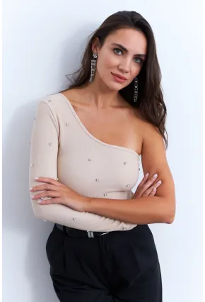 Kadın Krem Taşlı Tek Kol Crop Bluz HOL2