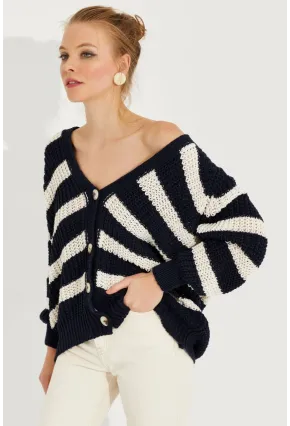 Kadın Lacivert Çizgili Salaş Hırka MİW8061