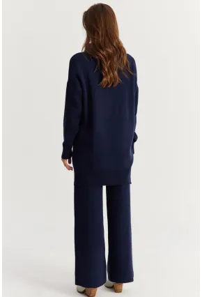 Kadın Lacivert Denim Yakalı İncili Alt Üst Triko Takım MNUV22