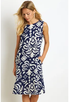 Kadın Lacivert Desenli Cepli Midi Elbise YZ1059