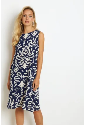 Kadın Lacivert Desenli Cepli Midi Elbise YZ1059