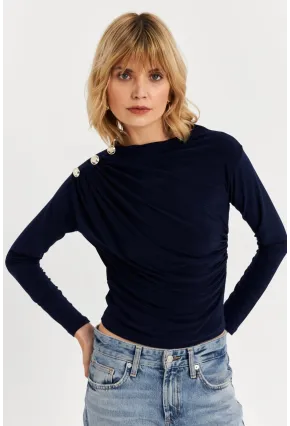 Kadın Lacivert Düğme Detaylı Büzgülü Bluz LPP1223-1