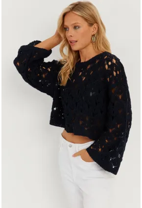 Kadın Lacivert İspanyol Kol Ajurlu Triko Bluz MİW0761