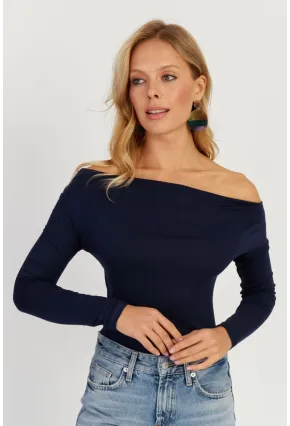 Kadın Lacivert Kayık Yaka Bluz LPP1254
