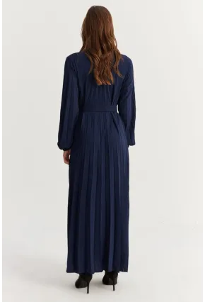 Kadın Lacivert Kemerli Plili Maxi Elbise ALZ500