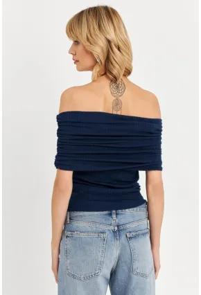 Kadın Lacivert Kolsuz Madonna Yaka Bluz TF51