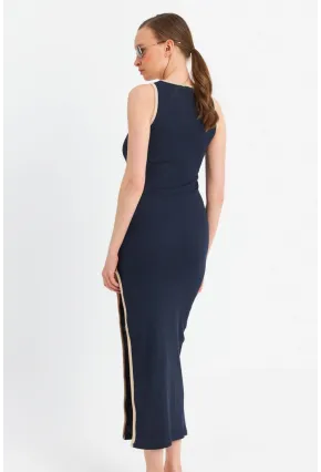 Kadın Lacivert Kontrast Biyeli Yırtmaçlı Maxi Elbise OR2087