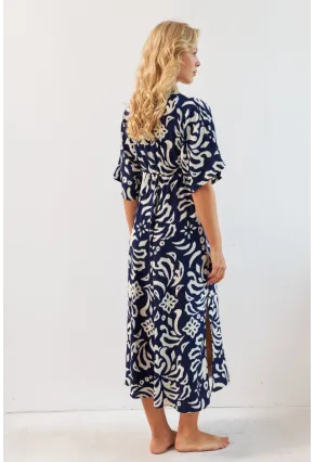 Kadın Lacivert Kruvaze Desenli Midi Elbise YZ1152