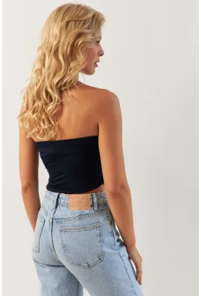 Kadın Lacivert Önü Büzgülü Crop Bluz MON138