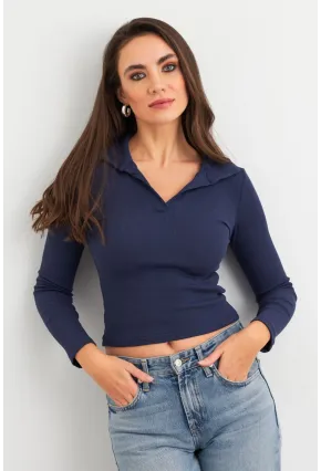 Kadın Lacivert Polo Yaka Kaşkorse Bluz LON3006