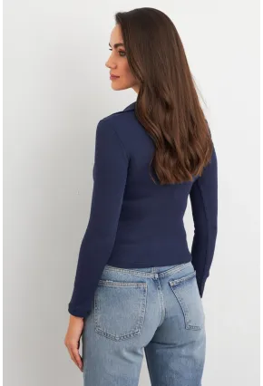 Kadın Lacivert Polo Yaka Kaşkorse Bluz LON3006