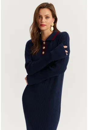 Kadın Lacivert Polo Yaka Triko Maxi Elbise MNUV17