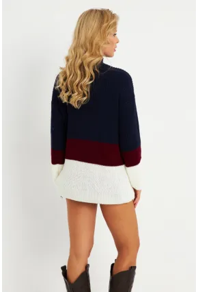 Kadın Lacivert Renk Bloklu Kazak YV277