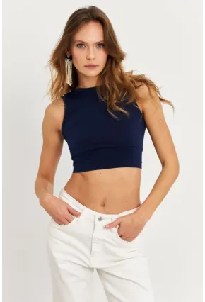 Kadın Lacivert Sırt Bağlamalı Crop Bluz EY2733