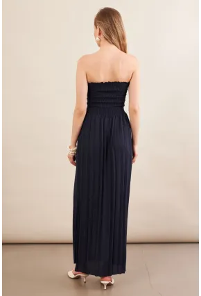 Kadın Lacivert Straplez Yaka Midi Elbise MSİ100