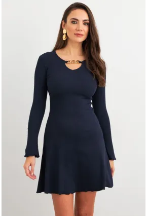 Kadın Lacivert Yakası Aksesuarlı Mini Elbise FRY2267