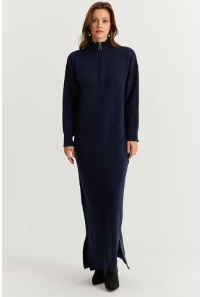 Kadın Lacivert Yakası Fermuarlı Triko Maxi Elbise MNUV10