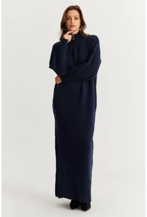 Kadın Lacivert Yakası Fermuarlı Triko Maxi Elbise MNUV10
