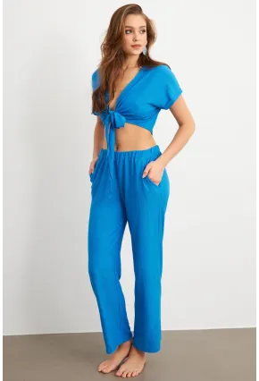 Kadın Mavi Bağlamalı Bürümcük Takım Q1012