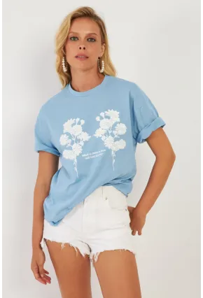 Kadın Mavi Baskılı T-Shirt AYD362
