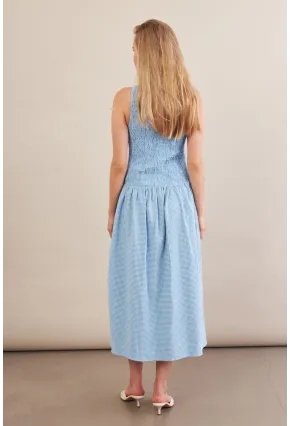 Kadın Mavi Beli Lastikli Gipeli Midi Elbise ZH130