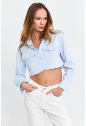 Kadın Mavi Cep Detaylı Crop Gömlek KED4205