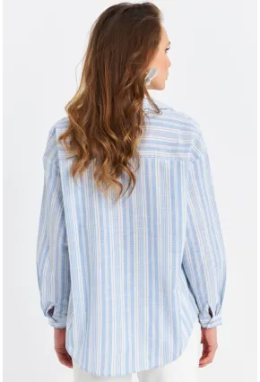 Kadın Mavi Çizgili Keten Gömlek ROP102