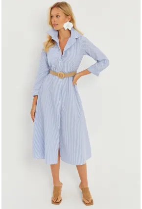 Kadın Mavi Çizgili Midi Gömlek Elbise PP5515