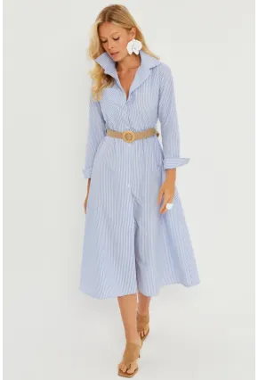Kadın Mavi Çizgili Midi Gömlek Elbise PP5515