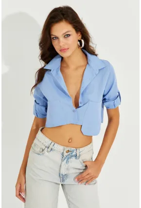 Kadın Mavi Crop Cepli Gömlek TD153