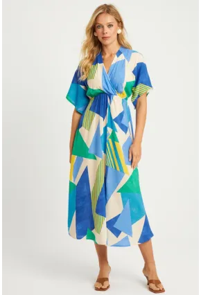 Kadın Mavi Desenli Kruvaze Midi Elbise HT108