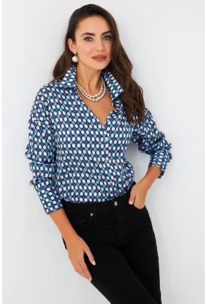 Kadın Mavi Desenli Saten Gömlek SHR9