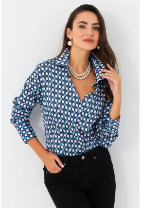 Kadın Mavi Desenli Saten Gömlek SHR9