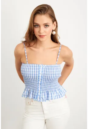 Kadın Mavi Ekose Lastikli Crop Bluz MTK13397