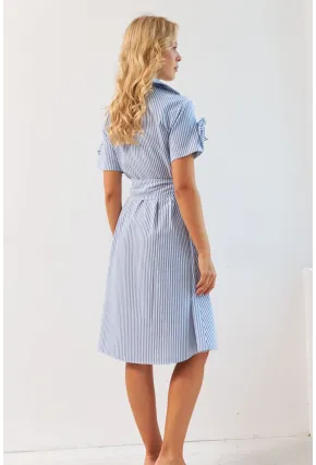 Kadın Mavi Gül Detaylı Midi Gömlek Elbise SF12812