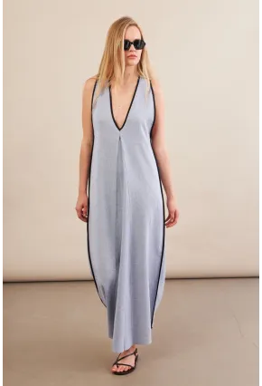 Kadın Mavi Kontrast Çizgili Maxi Keten Elbise MSİ101