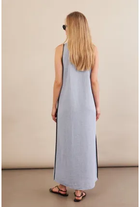 Kadın Mavi Kontrast Çizgili Maxi Keten Elbise MSİ101