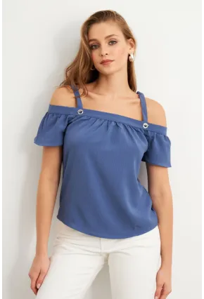 Kadın Mavi Kontrast Kollu Bürümcük Bluz RX452