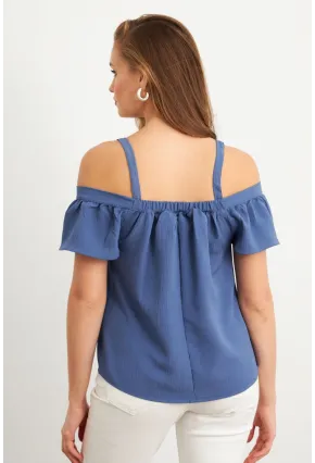 Kadın Mavi Kontrast Kollu Bürümcük Bluz RX452