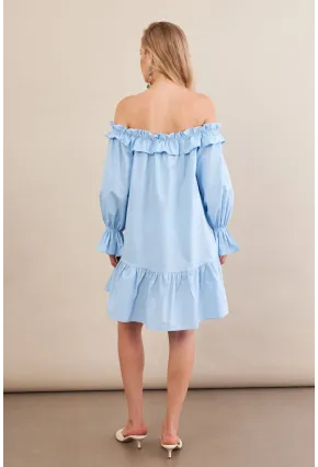 Kadın Mavi Madonna Yaka Midi Elbise PSG1012