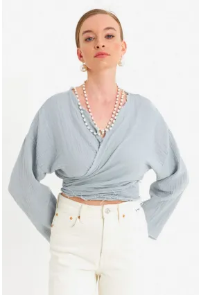 Kadın Mavi Müslin Crop Bluz PC20700